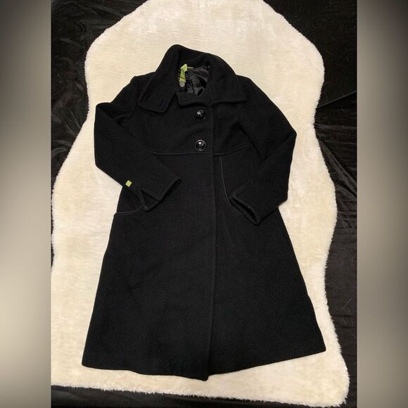 Soia & Kyo Trench Coat Womens Large Black Wool Button up Cowl Neck - Picture 1 of 9